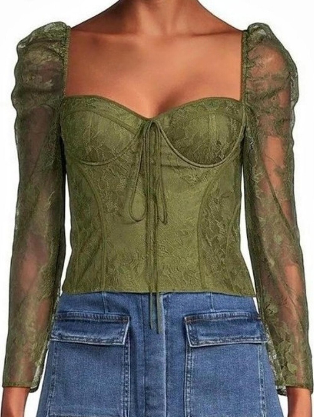 Chelsea & Violet Olive Green Lace Corset Ren Faire Fairy Top with Sheer Sleeves